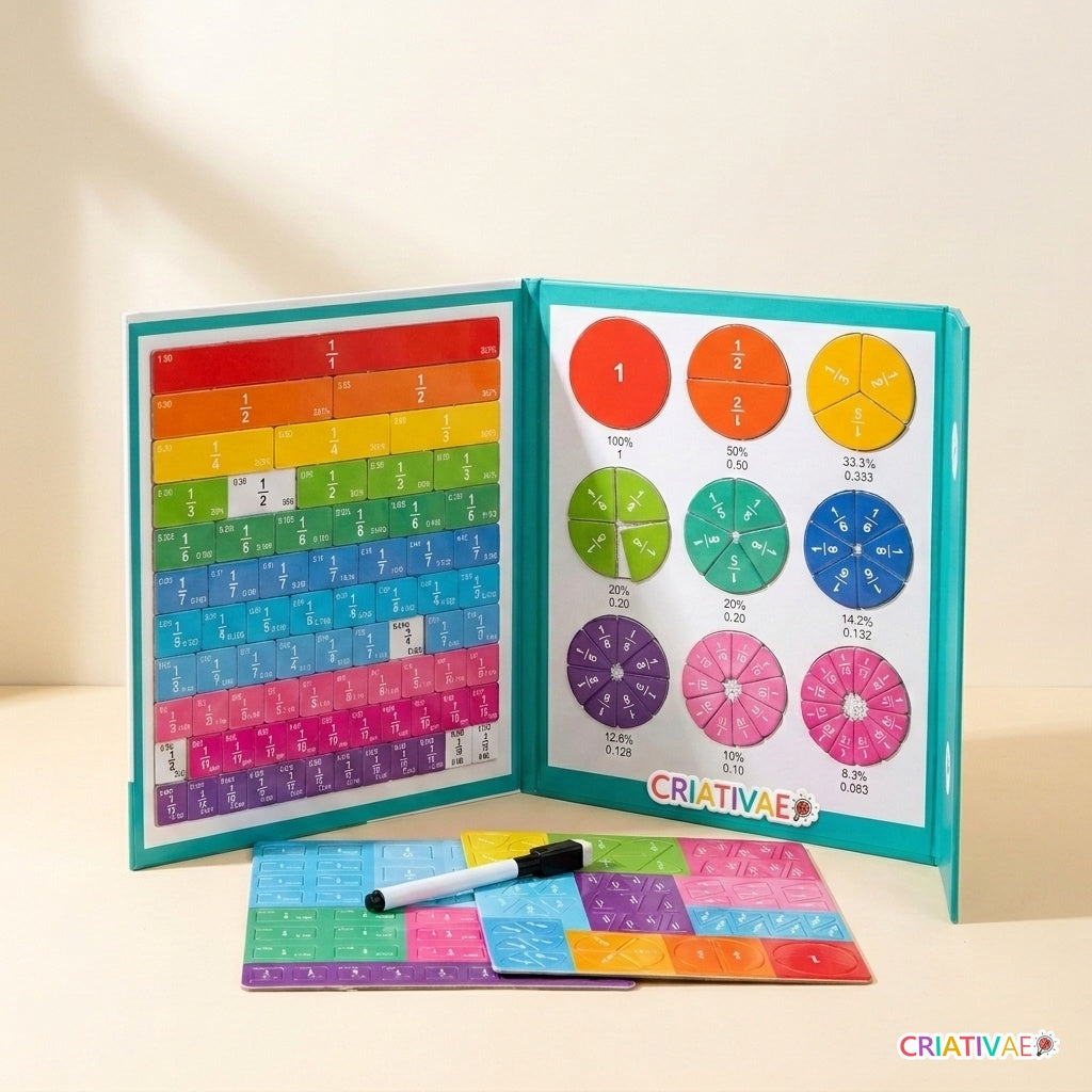 Aufgeklapptes magnetisches Bruchrechen-Buch Fraciona mit Criativae-Sticker, Karten und Stift