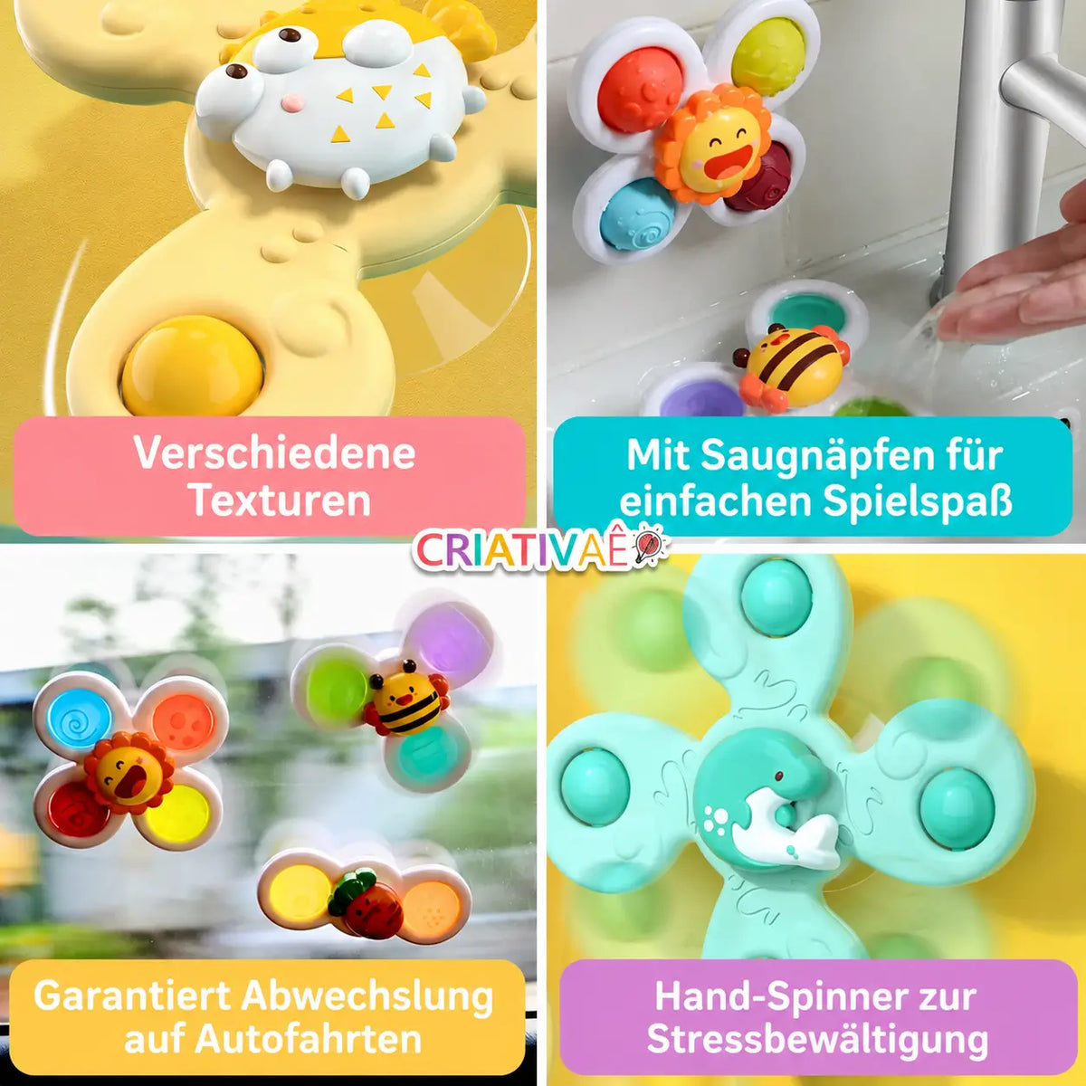 Spin Pop Criativae - Interaktive Saugnapf-Kreisel im 3er-Set