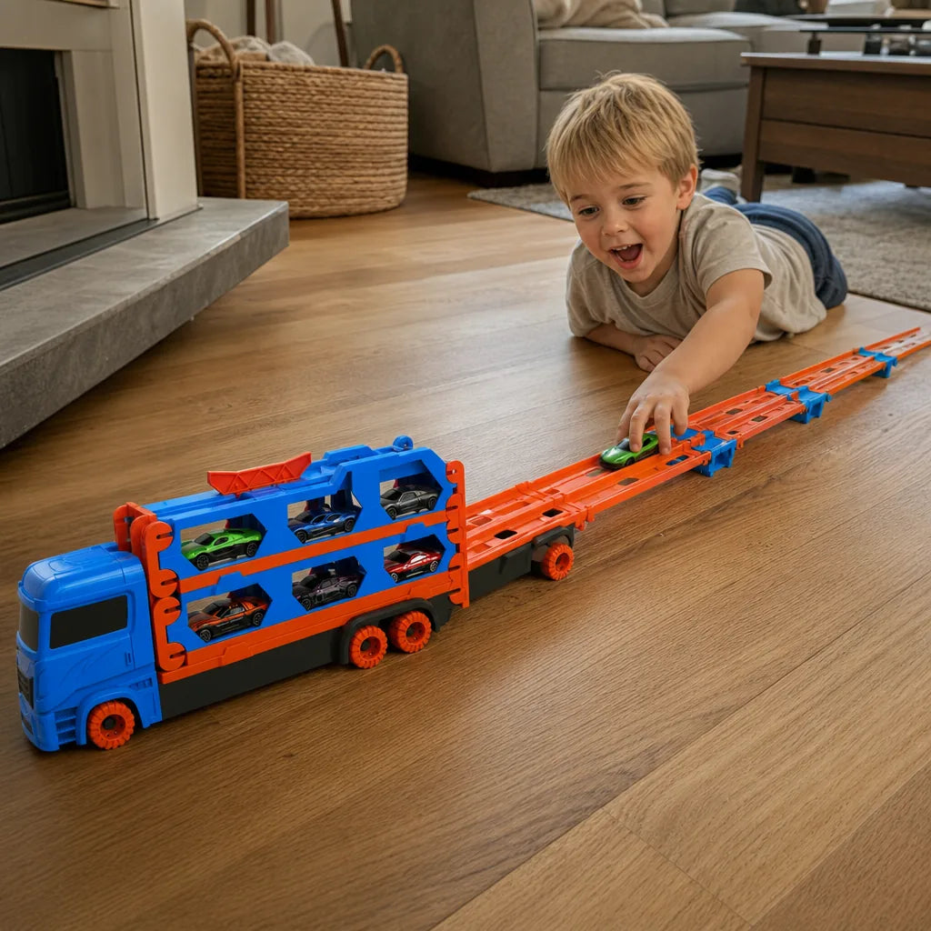 CegCar Blaster Criativae - Mega-Autotransporter mit ausziehbarer Rennbahn